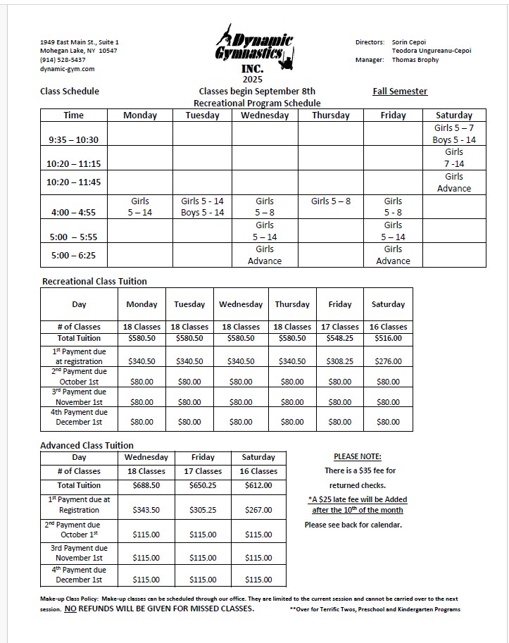 Dynamic Gymnastic's 2025 Fall Schedule and Tuition-page-1