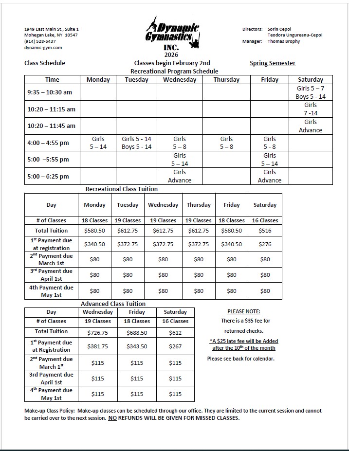 Dynamic Gymnastic's 2026 Spring Schedule and Tuition-page-1