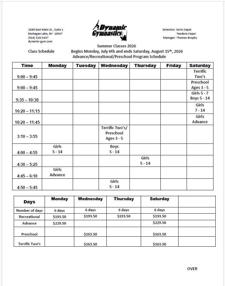 Dynamic Gymnastics's 2026 Summer Schedule and Tuition-page-1